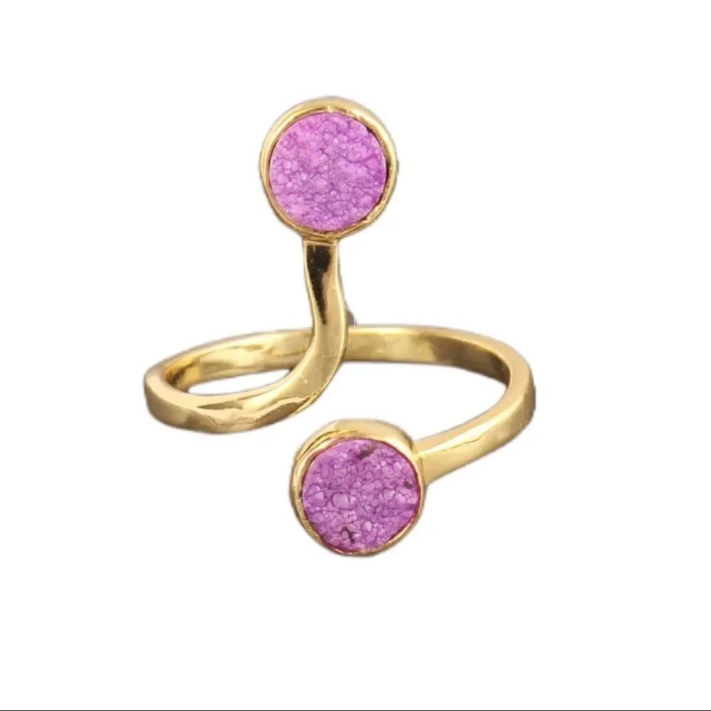 Pink Purple Sugar Druzy Yellow Gold Plated Brass Snake Shape Adjustable Ring